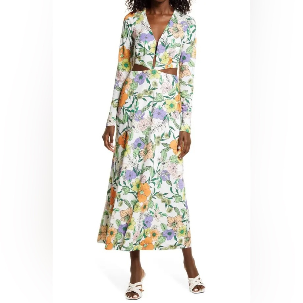 AFRM Assi Floral Cutout Detail Long Sleeve Knit Midi Dress